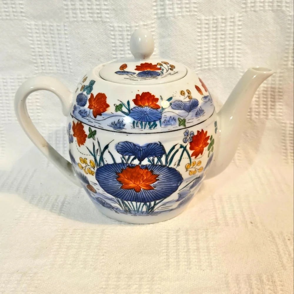 Vintage Williams Sonoma Grande Cuisine Ceramic Teapot Asian Floral Motif